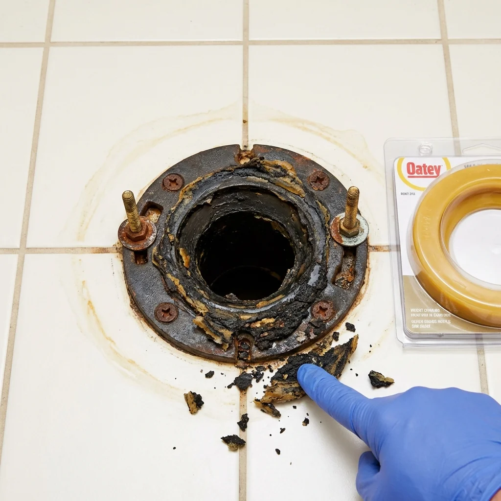 Failed wax ring showing water seepage at the base of a toilet in a Onalaska, TX home