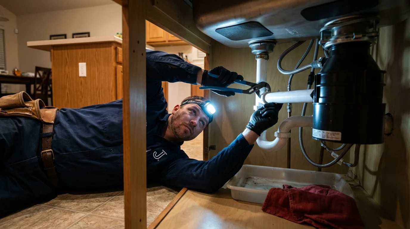 P-trap and supply line connections under a kitchen sink showing a common leak point in Onalaska, TX